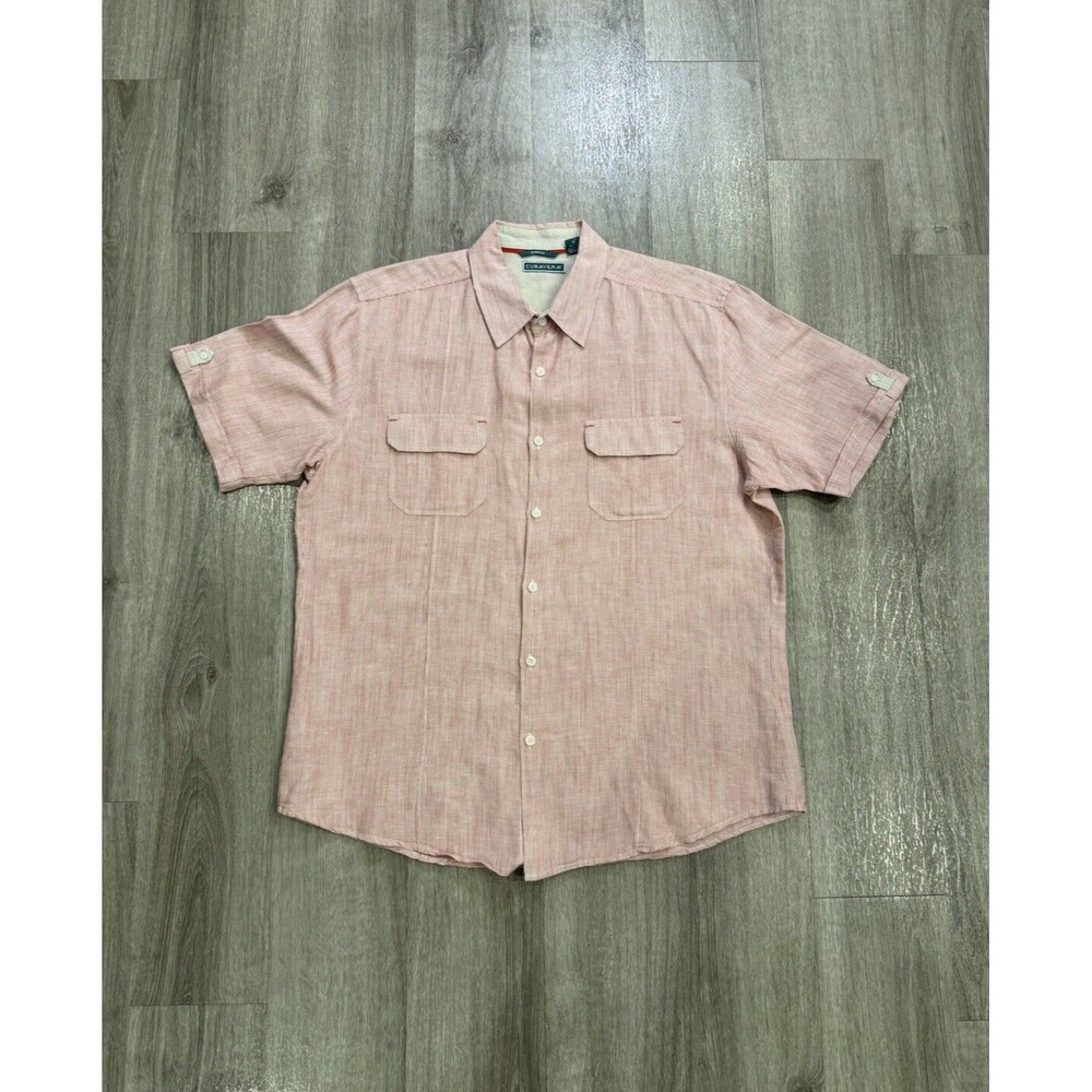Cubavera Linen Blend Shirt Slim Fit Button Up Mens Size Large Red White Striped